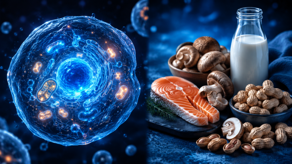 Alimentos precursores de NAD+ incluindo salmão, cogumelos, leite e amendoim