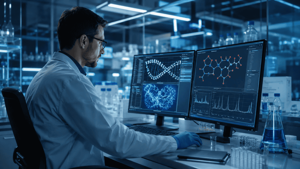 Pesquisador analisando dados de ensaios clínicos para responder se NMN funciona mesmo em humanos