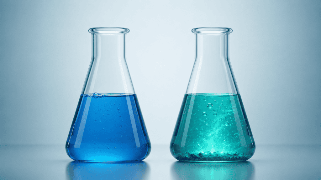 Dois frascos de laboratório idênticos com resultados diferentes, ilustrando estudos contraditórios sobre o mesmo composto