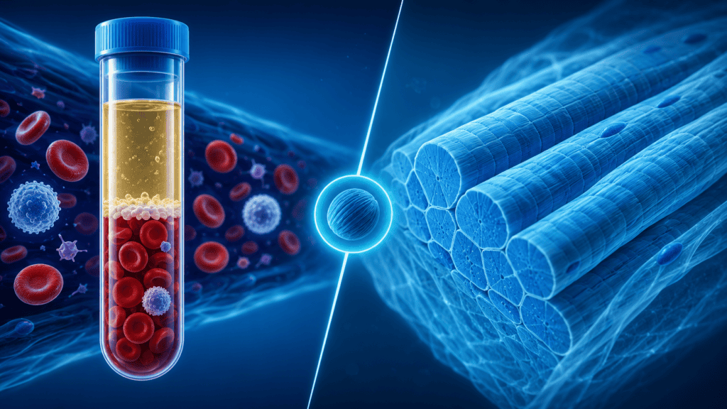 Comparação visual entre sangue e tecido muscular, ilustrando por que os dois não refletem o mesmo nível de NAD+ no envelhecimento celular